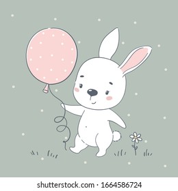 Cute baby bunny cartoon vector illustration. Illustration in hand drawing style for baby shower, greeting card, party invitation, fashion clothes t-shirt print.