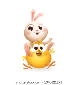 Cute baby bunny and chicken playing and having fun - isolated on white - vector illustration