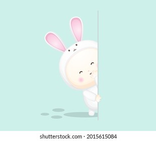 Cute baby in bunny costume behind a wall. cartoon illustration Premium Vector