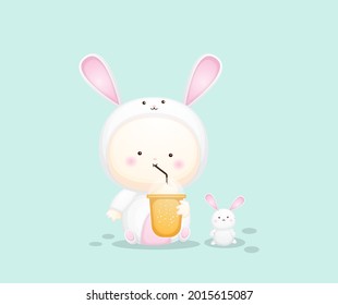 Cute baby in bunny costume holding boba. cartoon illustration Premium Vector