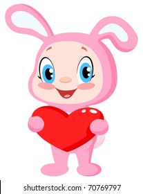 Cute baby in a bunny costume holding a heart