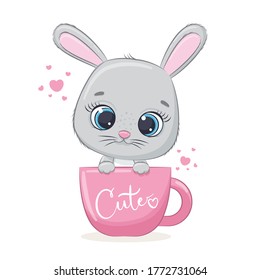 Cute baby bunny in cup. Vector illustration for baby shower, greeting card, party invitation, fashion clothes t-shirt print.