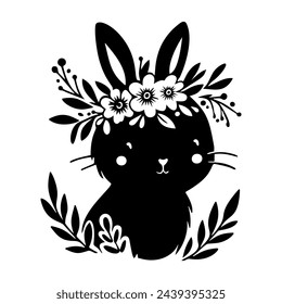 Cute baby bunny with flower wreath, silhouette, easter holiday. Vector illustration.