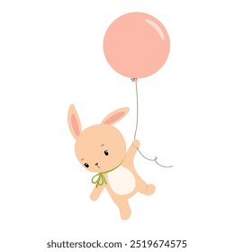 Cute baby bunny is flying with pink balloon. Animal isolated hand drawn vector illustration