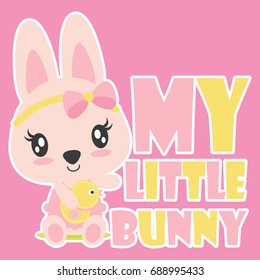 Cute baby bunny with her duck toy vector cartoon illustration for kid t shirt design, postcard, and wallpaper