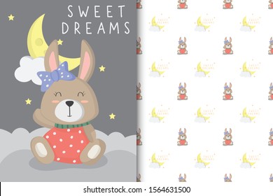 Cute baby bunny illustration with Seamless patternt in the white backdrop