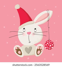 Cute baby bunny illustration wearing a Santa hat. Christmas card.