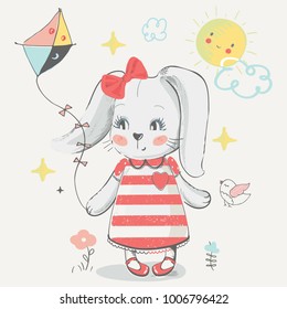 cute baby bunny with  kite. hand drawn vector illustration. Can be used for baby t-shirt print, fashion print design, kids wear, baby shower celebration greeting and invitation card.