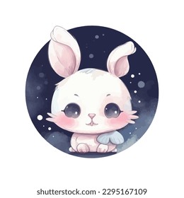 A cute baby bunny with night stars, cartoon watercolor white background