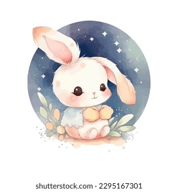 A cute baby bunny with night stars, cartoon watercolor white background