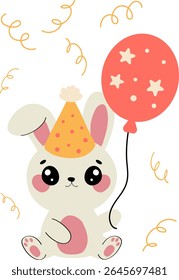 Cute baby bunny in party birthday hat with balloon illustration. Perfect for party designs, birthday events, carnivals, and holiday