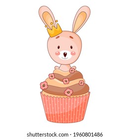 Cute baby bunny princess, rabbit with bow sitting on cupcake. Vector illustration. 