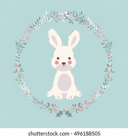 Cute baby bunny rabbit in Christmas flower and branch wreath, vector illustration 