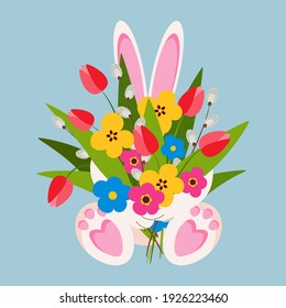 Cute baby bunny, rabbit holding bouquet of flowers vector illustration. 