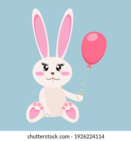 Cute baby bunny, rabbit with pink balloon vector illustration. 