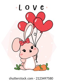 cute baby bunny rabbit pink with heart shape balloons , cartoon drawing outline, love