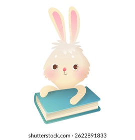 Cute Baby Bunny or Rabbit Reading Studying Book Educational Cartoon. Animal character holding book elementary or preschool learning. Vector kindergarten animals reading cartoon illustration