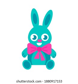Cute baby bunny or rabbit toy with pink ribbon and a bow. Birthday present, easter celebration, character design concept. Funny blue animal kids clip art isolated. Flat Eps stock vector illustration