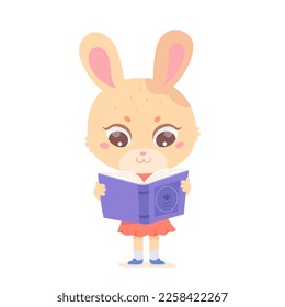 Cute baby bunny reading book vector illustration. Cartoon isolated smart rabbit standing with open story, fairy tale or fantasy book to read in storytime, literature from library for animals readers