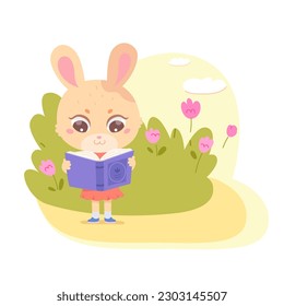 Cute baby bunny reading book outdoor vector illustration. Cartoon smart rabbit standing with open story, fairy tale or fantasy book to read in storytime, literature from library for animals readers.