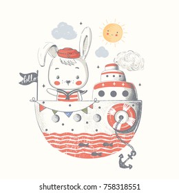 Cute baby bunny sailor on the ship.Cartoon hand drawn vector illustration. Can be used for baby t-shirt print, fashion print design, kids wear, baby shower celebration greeting and invitation card.