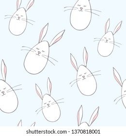 Cute baby bunny seamless wallpaper pastel pattern. Hand drawn sleeping rabbit egg doodle illustration ornament for children wrap paper, fabric textile, fashion apparel and clothes, print decoration