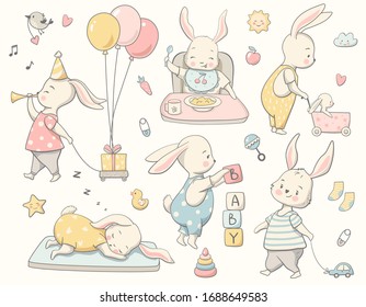 Cute baby bunny set, little rabbit collection. Perfect for nursery poster, baby shower celebration, greeting card, tag, invitation, kids wear, sticker kit. Hand drawn vector illustration.