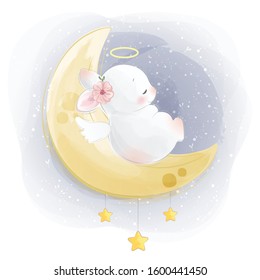 Cute Baby Bunny Sleeping on Moon