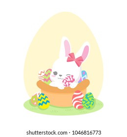 Cute baby bunny white easter rabbit, ribbon in colourful egg hunter brown basket on isolated background for icon, celebrate holiday, invitation, greeting card, flat design cartoon vector illustration.