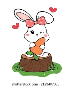 Cute Baby Bunny White Rabbit Hug Huge Carrot, Cartoon Drawing Outline Vector