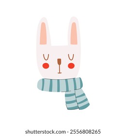 Cute Baby Bunny. Winter bunny in a scarf. Vector hand Drawn illustration on a white background