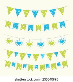 Cute baby bunting set blue and green colors for scrapbook decoration or greeting cards. Vector illustration.