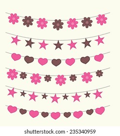 Cute baby bunting set pink and brown colors for scrapbook decoration or greeting cards. Vector illustration.