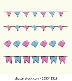 Cute baby bunting set pink and blue colors for scrapbook decoration or greeting cards. Vector illustration.