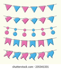 Cute baby bunting set pink and blue colors for scrapbook decoration or greeting cards. Vector illustration.