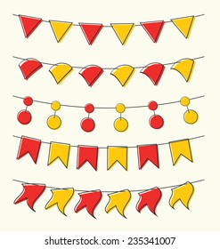 Cute baby bunting set red and yellow colors for scrapbook decoration or greeting cards. Vector illustration.