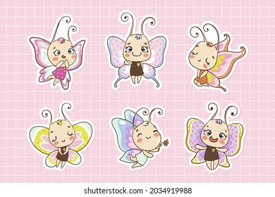 Cute baby butterfly cartoon characters, stickers for kids, girlish illustrations