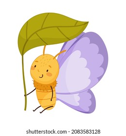 Cute baby butterfly with lilac wings and green leaf cartoon vector illustration