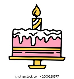 Cute baby cake icon with candle in cartoon hand drawing style