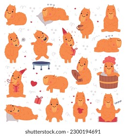 Cute baby capybara characters set. Funny animal of South America in different activities cartoon vector illustration