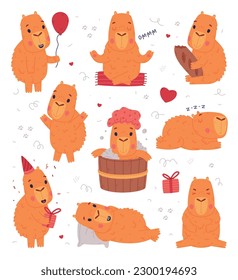 Cute baby capybara characters set. Funny animal of South America walking, meditating, eating, bathing cartoon vector illustration