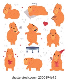 Cute baby capybara characters set. Funny animal of South America lying, sleeping, jumping on trampoline and celebrating holidays cartoon vector illustration