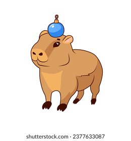 Cute baby capybara with a glass ball for the Christmas tree on his head stands on a white background, isolate