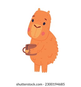 Cute baby capybara holding cup of tea. Funny animal of South America cartoon vector illustration