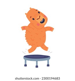 Cute baby capybara jumping on trampoline. Funny animal of South America cartoon vector illustration