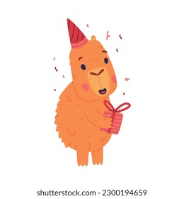 Cute baby capybara in party hat holding gift box. Funny animal of South America cartoon vector illustration