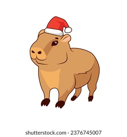 Cute baby capybara with a Santa Claus hat on his head stands on a white background, isolate