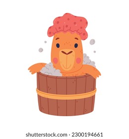 Cute baby capybara taking bath in wooden tub. Funny animal of South America cartoon vector illustration