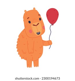 Cute baby capybara walking with red balloon. Funny animal of South America cartoon vector illustration