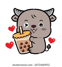 Cute Baby Carabao Hugging Boba Milk Tea. Kawaii Style Cartoon